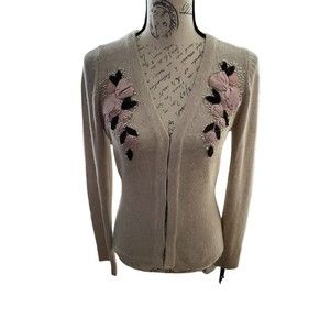 Karen Kane Womans Cardigan Beaded Ribbon Rosettes Oatmeal Color Small Sweater